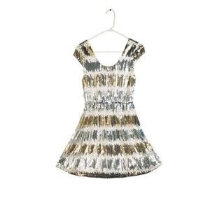 Rue 21 Dress Women's M Gold Silver Sequins Tulle Elastic Waist Cap Sleeve Whimsy